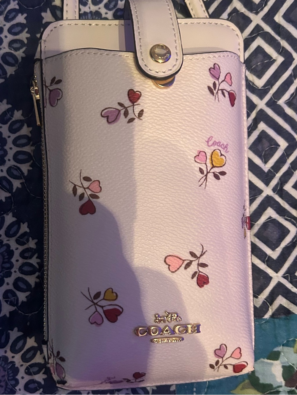 Coach Pink Floral Heart Leather Phone Wallet with Gold Logo